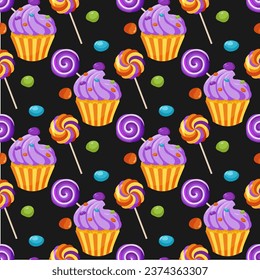 Seamless pattern with colorful sweets and cupcakes on a black background. Background with sweet food. Decor for Halloween celebration. For wallpaper, gift paper, fabric, holiday decoration. Vector.