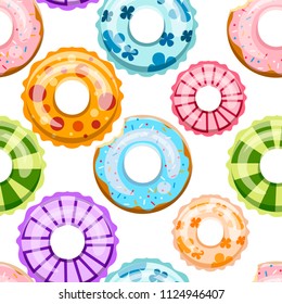 Seamless pattern. Colorful swim rings. Inflatable rubber toy. Swimmer circle with different texture. Flat vector icons. Illustration on white background.