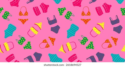 seamless pattern with colorful swimsuits on bright pink background, summer beachwear collection, playful vacation style for pool party, resort, tropical holiday