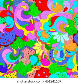 Seamless pattern with  colorful swirls, flowers and leaves, can be used for wallpaper, pattern fills, web page background,surface textures,  textiles, cards, postcards