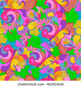 Seamless pattern with  colorful swirls, flowers and leaves, can be used for wallpaper, pattern fills, web page background,surface textures,  textiles, cards, postcards. Happy design pattern.