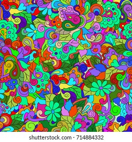 Seamless pattern with  colorful swirls, flowers and leaves, can be used for wallpaper, pattern fills, web page background,surface textures,  textiles, cards, postcards. Happy design pattern.