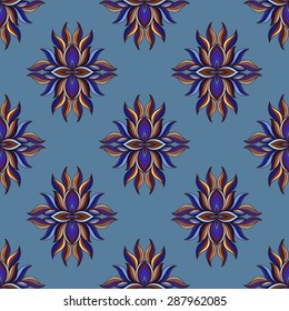 Seamless pattern of colorful symmetric flowers on blue background. Kaleidoscope element. Doodle flower with wave design. Vector illustration eps8
