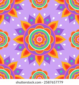 Seamless pattern. Colorful symmetrical mandala on a light purple background. Holi festival of colors. Indian mandala. Fabric, wrapping paper.