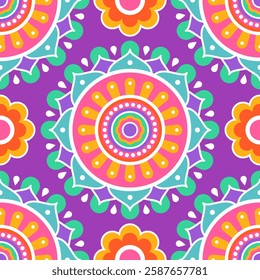 Seamless pattern. Colorful symmetrical mandala on a light purple background. Holi festival of colors. Indian mandala. Fabric, wrapping paper.