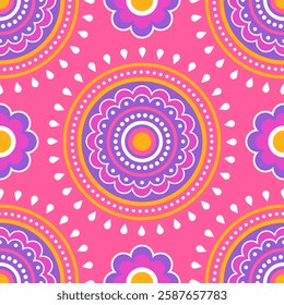 Seamless pattern. Colorful symmetrical mandala on a light purple background. Holi festival of colors. Indian mandala. Fabric, wrapping paper.