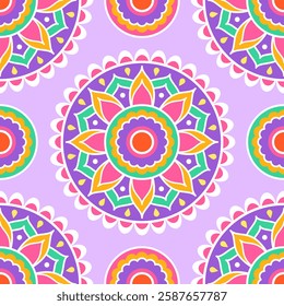 Seamless pattern. Colorful symmetrical mandala on a light purple background. Holi festival of colors. Indian mandala. Fabric, wrapping paper.