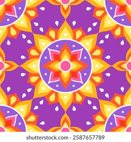 Seamless pattern. Colorful symmetrical mandala on a light purple background. Holi festival of colors. Indian mandala. Fabric, wrapping paper.