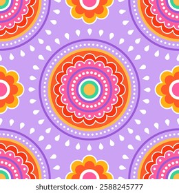 Seamless pattern. Colorful symmetrical mandala on a light purple background. Holi festival of colors. Indian mandala. Fabric, wrapping paper.