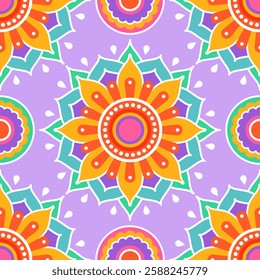 Seamless pattern. Colorful symmetrical mandala on a light purple background. Holi festival of colors. Indian mandala. Fabric, wrapping paper.