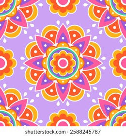 Seamless pattern. Colorful symmetrical mandala on a light purple background. Holi festival of colors. Indian mandala. Fabric, wrapping paper.