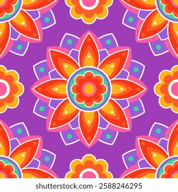 Seamless pattern. Colorful symmetrical mandala on a purple background. Holi festival of colors. Indian mandala. Fabric, wrapping paper.