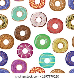 Seamless pattern with colorful tasty glossy donuts, vector illustration EPS10