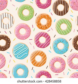 Seamless pattern with colorful tasty glossy donuts, vector illustration