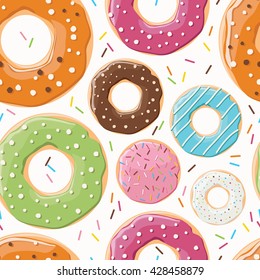 Seamless pattern with colorful tasty glossy donuts, vector illustration