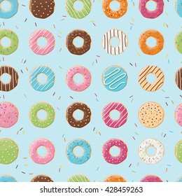 Padrão perfeito com rosquinhas brilhantes coloridas e saborosas, ilustração vetorial