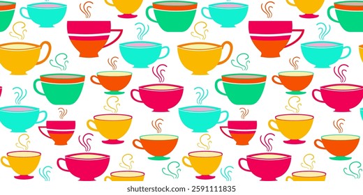 Seamless pattern with colorful tea and coffee cups on a white background, perfect for fabric, wallpaper, packaging, kitchen decor, and digital design