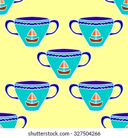 Seamless pattern with colorful tea cups. Vector illustrations.