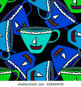 Seamless pattern with colorful tea cups. Vector illustration.