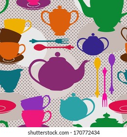 Seamless pattern of colorful tea set on a gray polka dot background