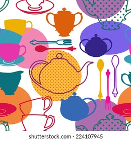 Seamless pattern of colorful tea set dishes