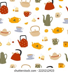 Seamless pattern of colorful teapots and cups on white background. Kitchen utensil background. Vector illustration