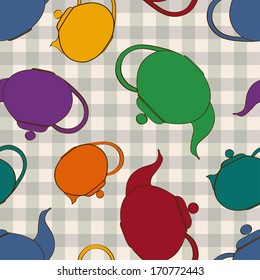 Seamless pattern of colorful teapots on a gray white checkered pattern background