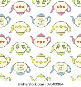 Seamless pattern with colorful teapots on white background.Vector illustration.