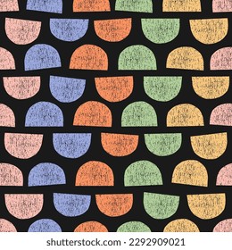 Seamless pattern with colorful textured geometric shapes and black background