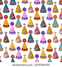 Seamless pattern of colorful textured party hats with festive designs, featuring stripes, dots, and pom-poms. For party invitations, wrapping paper, event decorations, digital background