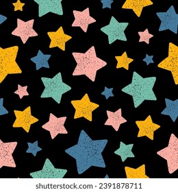 Seamless pattern with colorful textured stars and black background