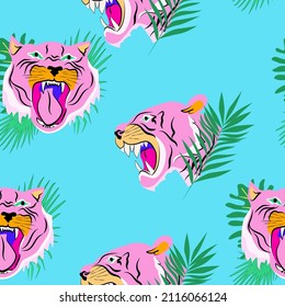 Patrón sin foco con tigre colorido y hoja de palma. Ilustración vectorial editable.