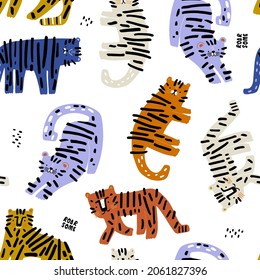 Seamless pattern with colorful  tigers. Creative animals texture for fabric, wrapping, textile, wallpaper, apparel. Vector illustration