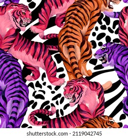 Seamless pattern with colorful tigers. Vector