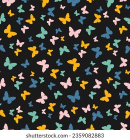 Seamless pattern with colorful tiny butterlfy and black background