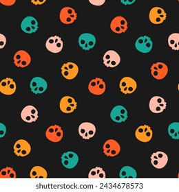 Seamless pattern with colorful tiny skulls and black background