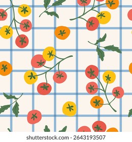 Seamless pattern with colorful tomatoes in background checkered tablecloth. Italian vacation vibe. Trendy vintage food print. Perfect for kitchen textile, packaging, fabric. Vector illustration.