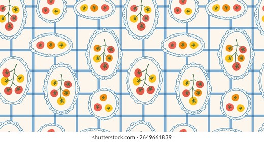 Seamless pattern with colorful tomatoes in plates on background checkered tablecloth. Italian vacation vibe. Trendy vintage print. Perfect for kitchen textile, packaging, fabric. Vector illustration.