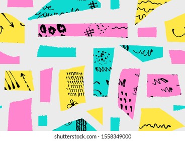 Seamless pattern with colorful torn paper pieces with doodles. Hand drawn background in memphis style. Contemporary art collage.
