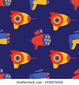 A seamless pattern with colorful toy blasters. Cartoon style textile print.