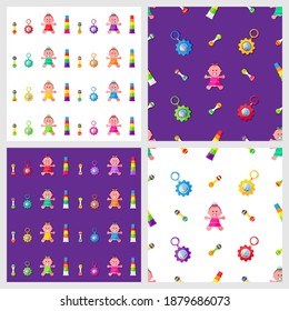 Seamless pattern with colorful toys. Vector icons drawn doll, rattle, pyramid in flat design. Entertainment and game for children.