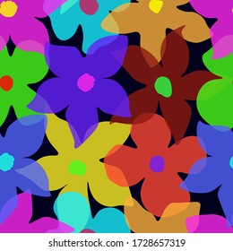 Seamless pattern with colorful transparent abstract flowers on a black background. Vector illustration. Elegant template for fashion prints, web, wrapping,etc. More flowers patterns in my collections.