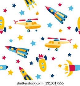 Seamless pattern with colorful transport. Cute children background. Vector pastel. Colorful Illustration. Doodle Style. Set of cartoon transportation.