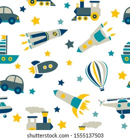 Seamless pattern with colorful transport. Cute children background. Vector pastel. Colorful Illustration. Doodle Style.