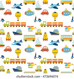 Seamless pattern with colorful transport. Cute children background. Vector illustration