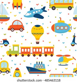 Seamless pattern with colorful transport. Cute children background with little hearts. Vector illustration