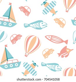 Seamless pattern with colorful transport. Cute children background. Vector pastel. Colorful Illustration. Seamless Pattern Of the Sea, Ocean, Air World In Childish Cartoon. Doodle Style.