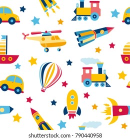 Seamless pattern with colorful transport. Cute children background. Vector pastel. Colorful Illustration. Doodle Style. Set of cartoon transportation.