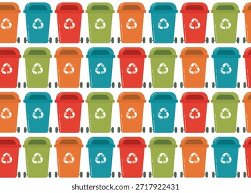 Modelo inconsútil con los cubos de basura coloridos. Antecedentes del reciclaje y los contenedores de residuos 