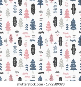Nahtloses Muster mit buntem Baum auf grauem Hintergrund. Blumenwald, Vektorgrafik-Design